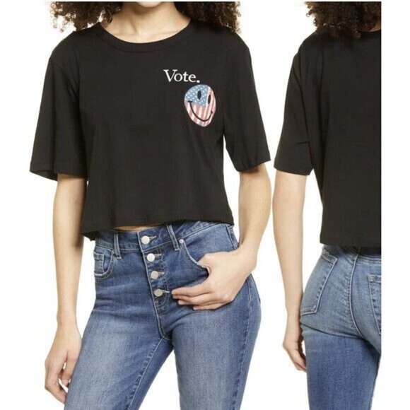 La La Land Creative Co Womens Large Vote Tshirt Crop Top Happy Face Black 2527 - Picture 2 of 8